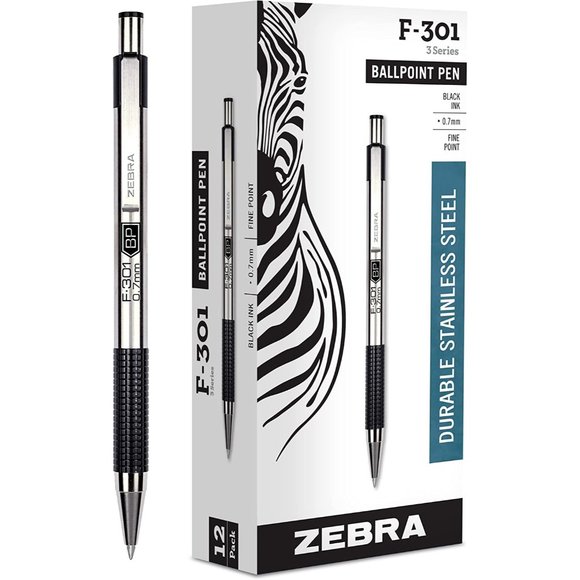 Pen F-301 Ballpoint Stainless Steel Barrel Fine Point 0.7mm Black Ink 12-Pack - Picture 1 of 4